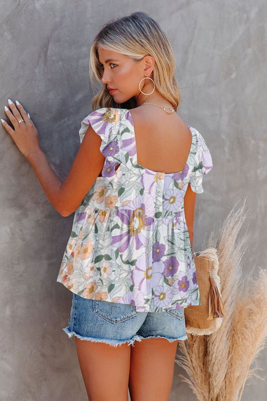 Purple Multicolor Flutter Floral Print Flowy Tank Top