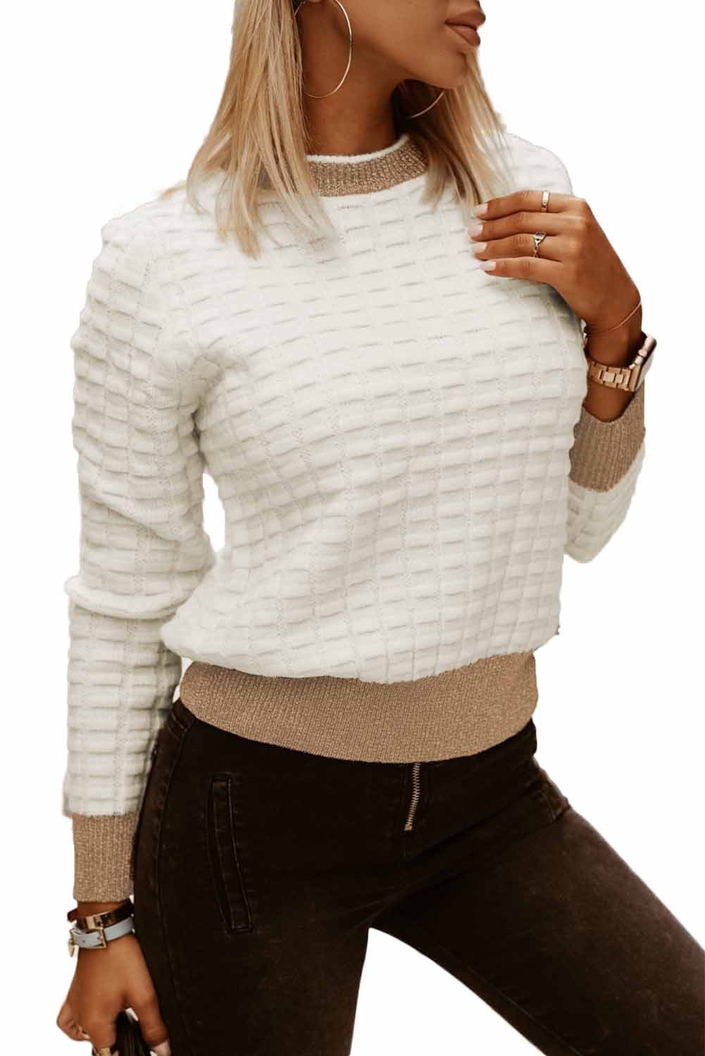 Textured Knit Contrast Long Sleeve Sweater