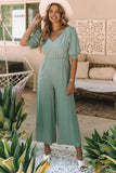 V Neck Puff Sleeve Hollow out Wide Leg Jumpsuit