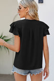 Black V Neck Ruffle Short Sleeve Blouse