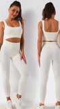 Pantalon de yoga taille haute côtelé uni blanc avec contrôle du ventre