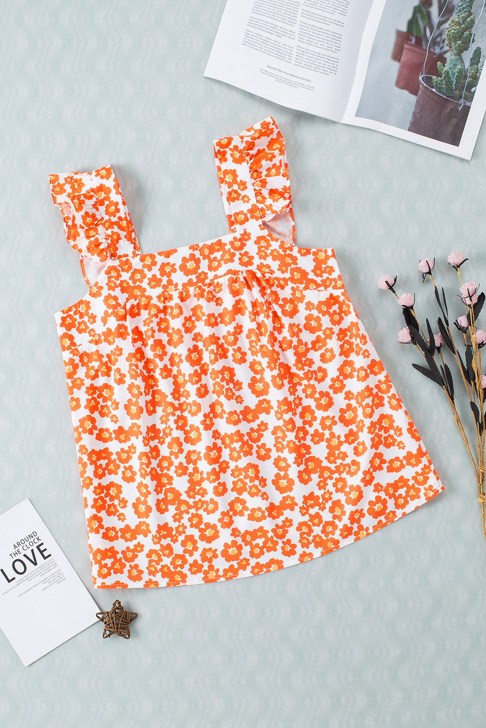 Floral Print Square Neck Ruffle Tank Top