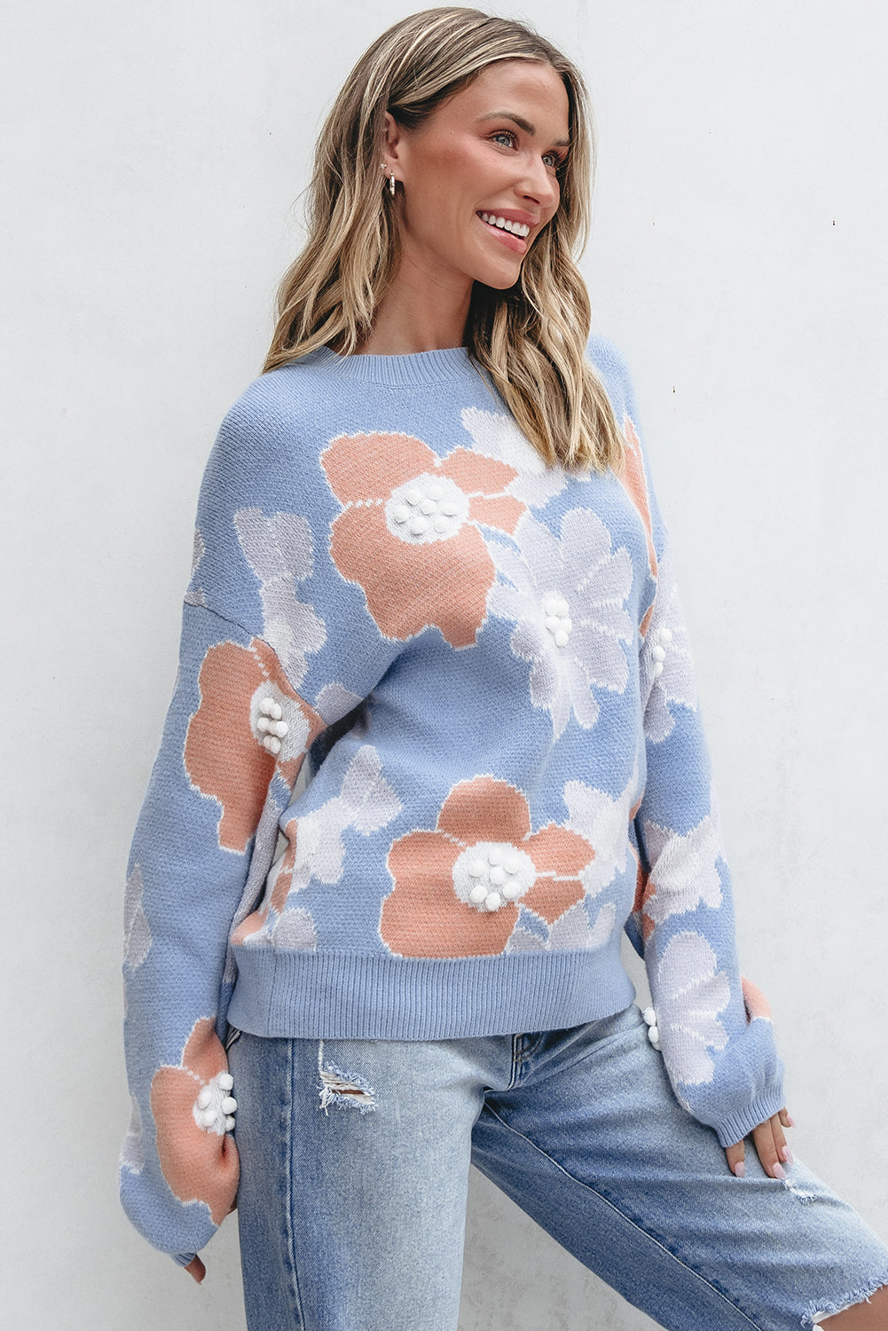 Beau Blue Floral O Neck Drop Shoulder Knitted Sweater