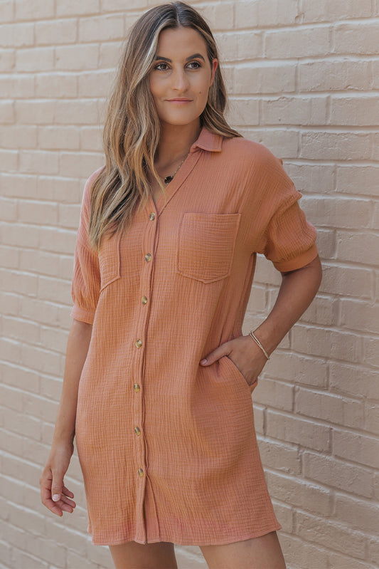 Crinkle Textured Joint Bubble Sleeve Shirt Dress