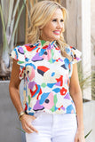 Abstract Print Ruffle Sleeve Smocked Blouse