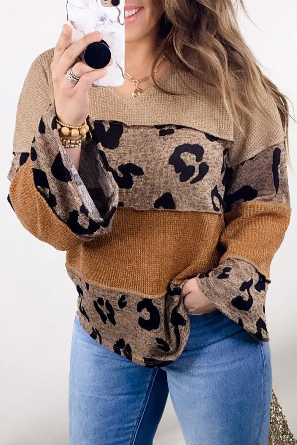 Leopard Colorblock Patchwork V-Neck Loose Sleeve Knit Top