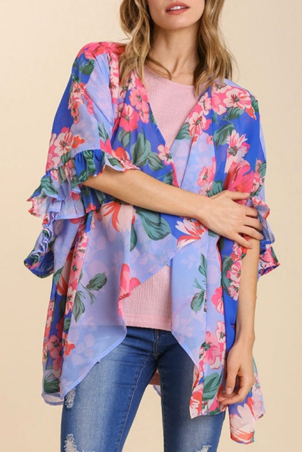 Floral Print Ruffled 3/4 Sleeve Loose Fit Kimono