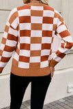 Pink Checkered Ribbed Edge O Neck Drop Shoulder Sweater