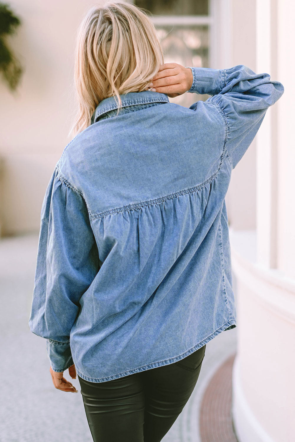 V-shape Stitching Puff Sleeve Denim Shirt