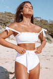 Frill Trim Tie Shoulder Bikini High Waist Swimsuit