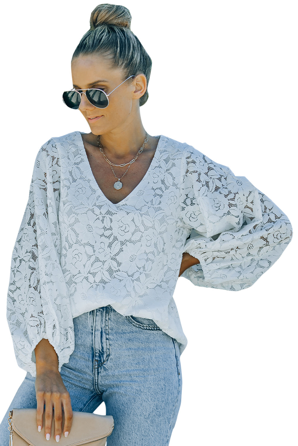 Loose Puff Sleeve Lace Blouse