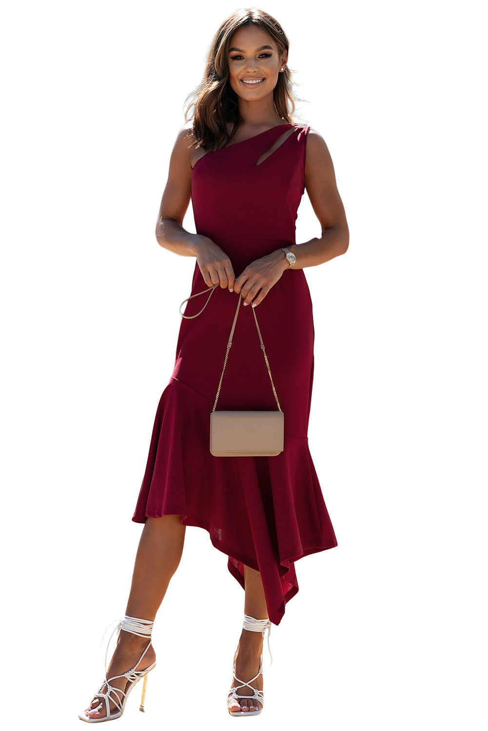 Cut-Out One Shoulder Ruffle Hem Sleeveless Bodycon Dress