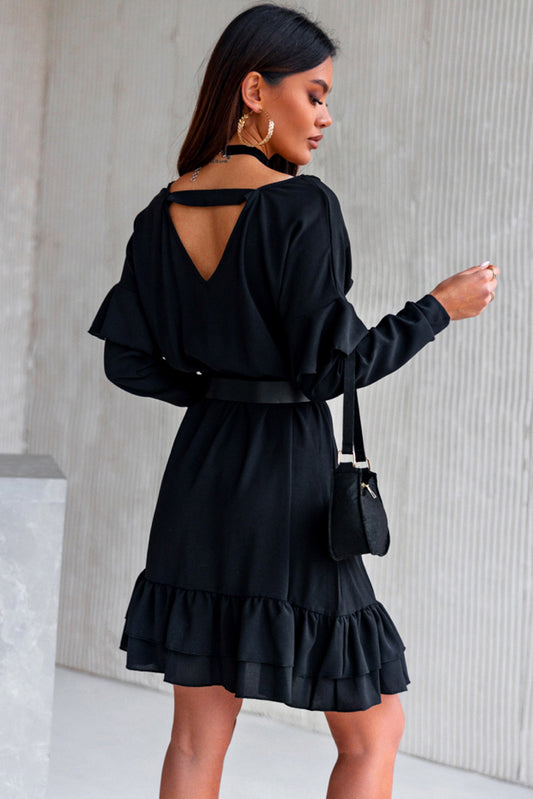 Ruffled V Neck Cut-out Back Elastic Waist Dress