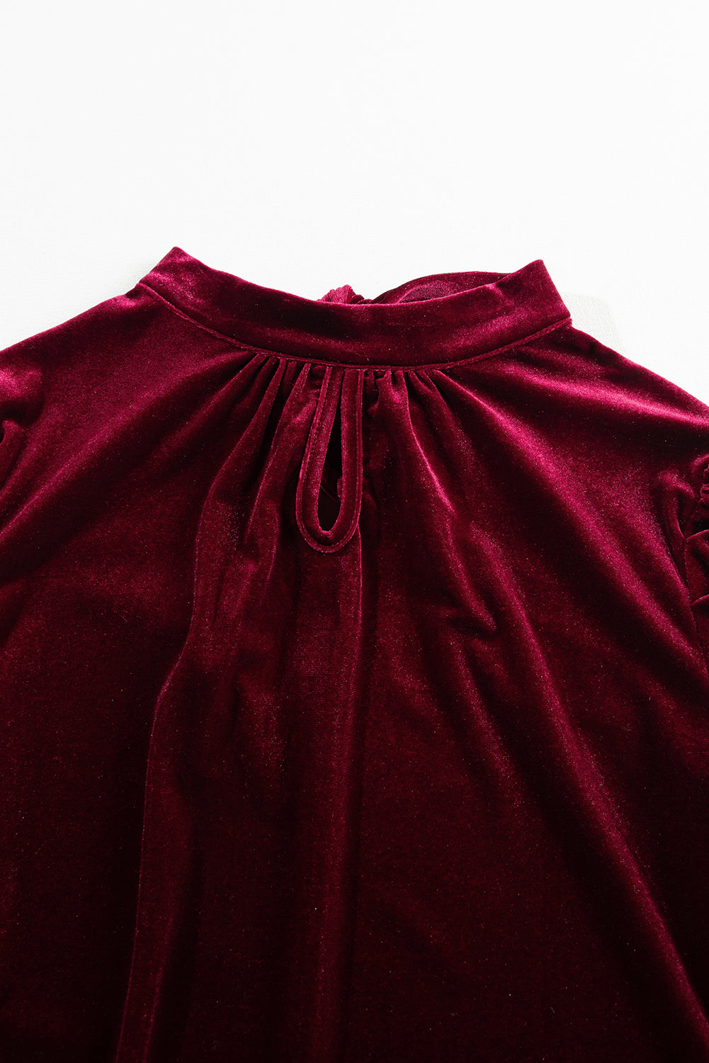 Red Mock Neck Puff Sleeve Velvet Blouse