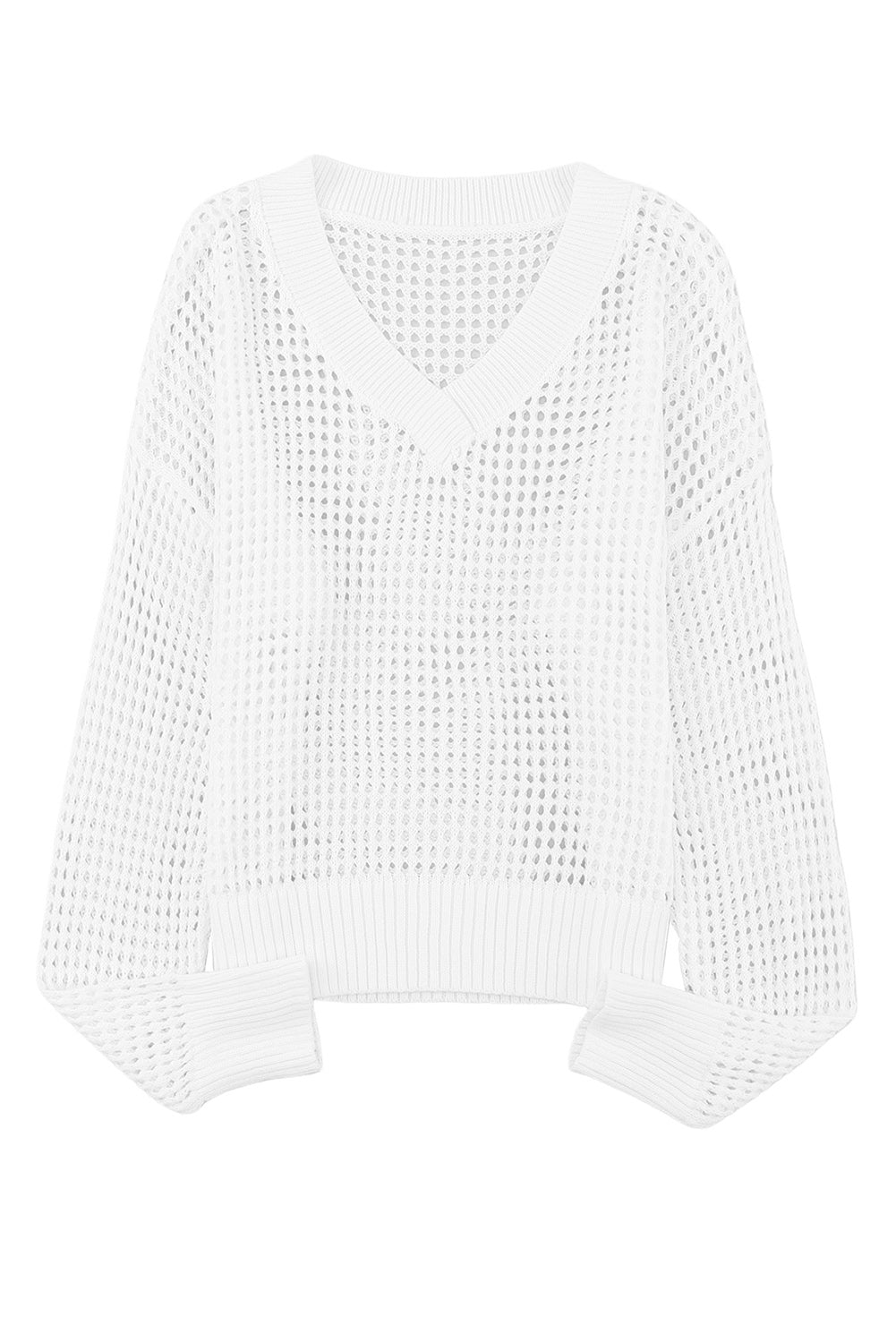 Pull blanc à col en V et coupe ample en tricot ajouré