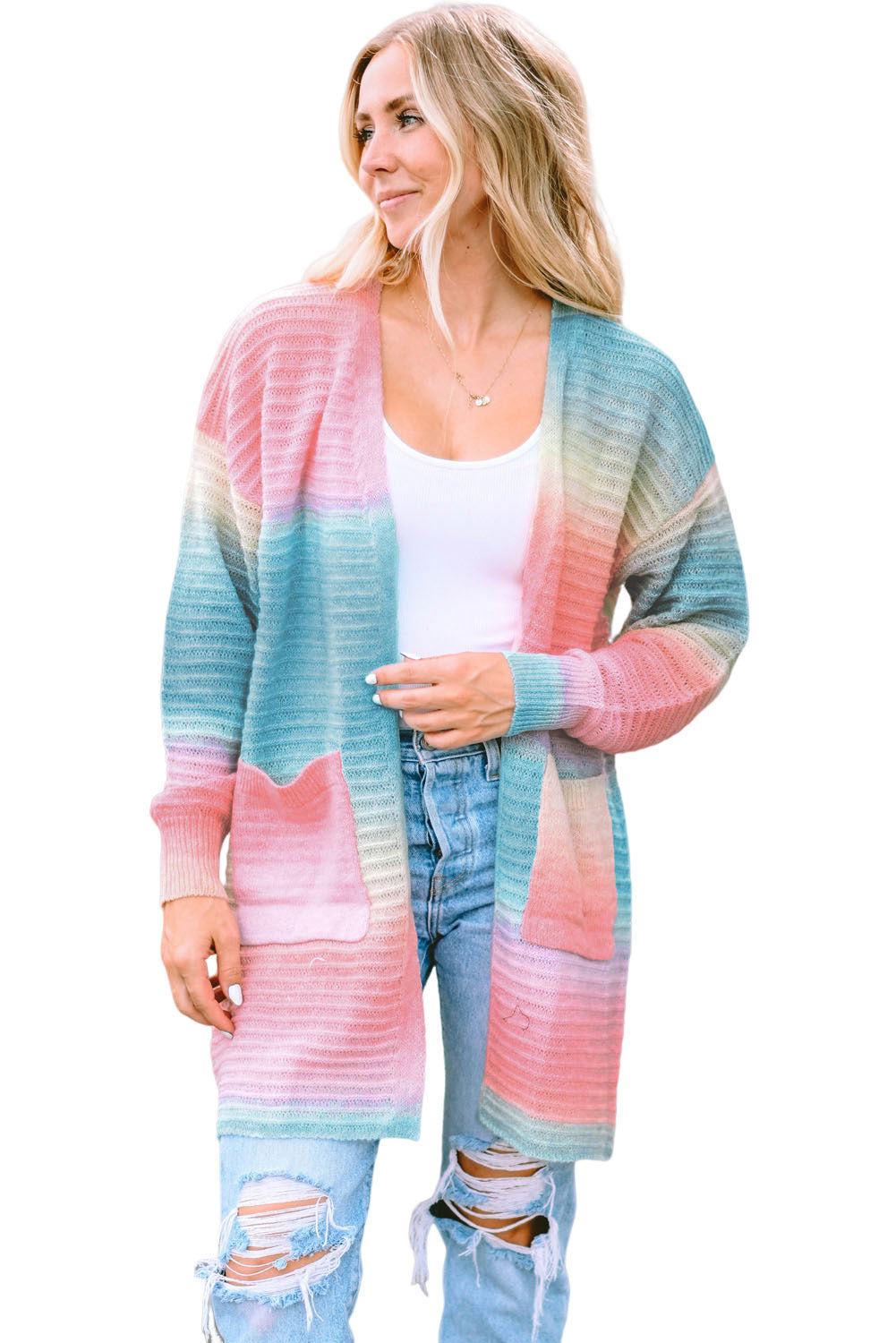 Gradient Knit Open Cardigan with Pockets