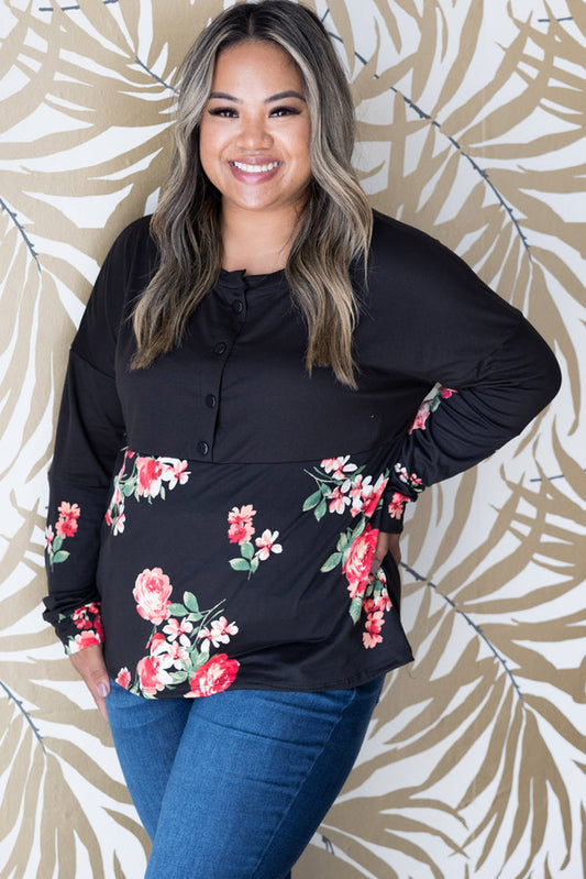 Plus Size Floral Printed Splicing Half Button Top