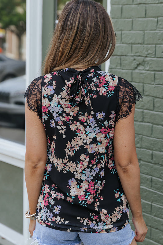 Dainty Floral Print Lace Sleeve Blouse