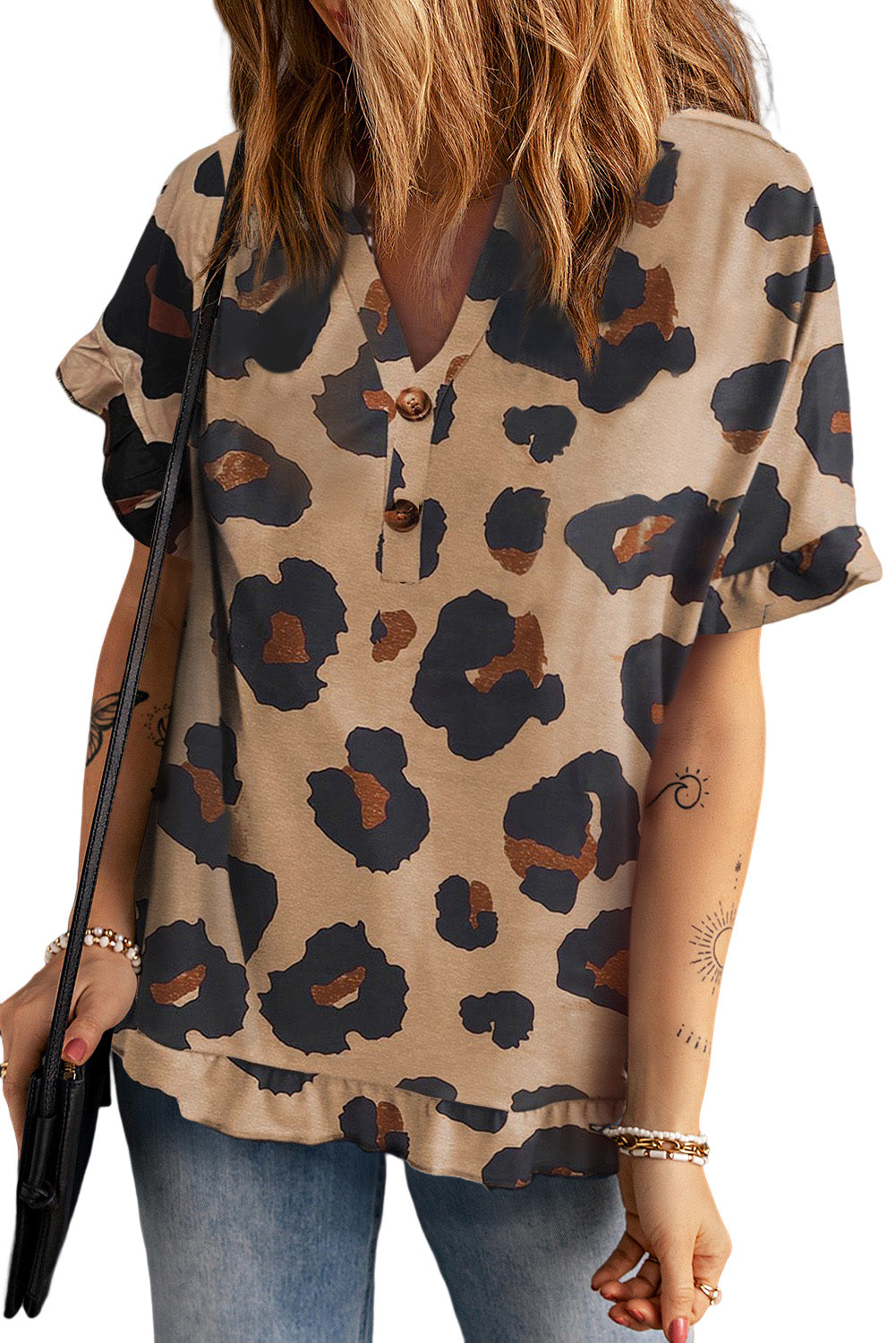 Leopard Print Ruffled Buttoned V Neck Top