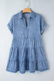 Sky Blue Acid Wash V Neck Tiered Denim Dress