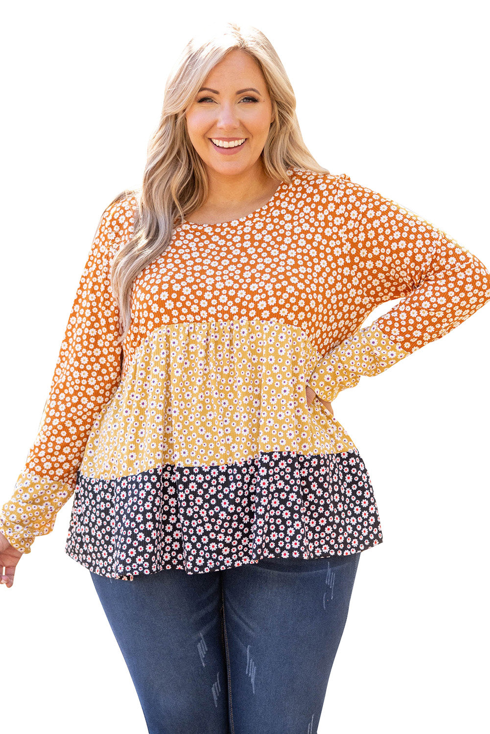 Plus Size Colorblock Blooming Daisy Long Sleeve Flowy Top