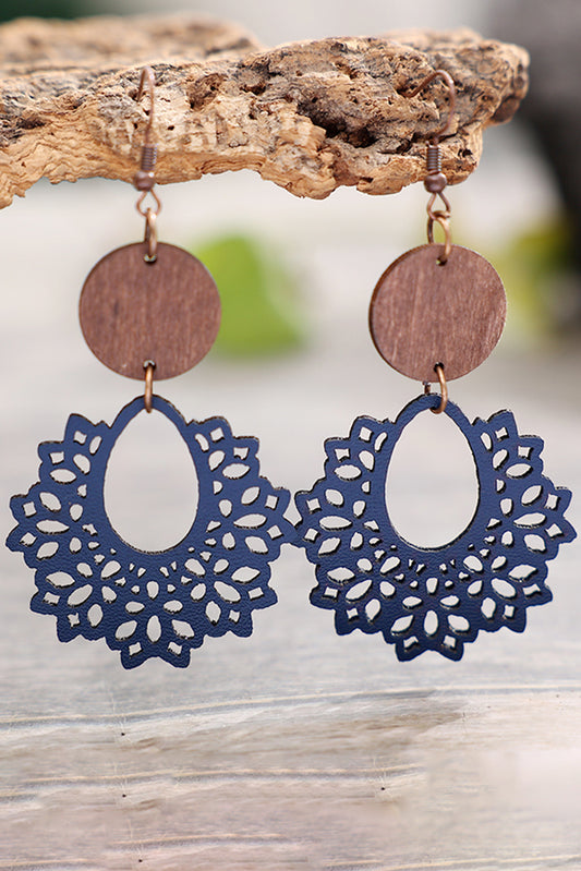 Hollowed Flower Round Wood Pendant Earrings