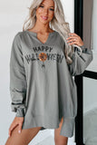 Medium Grey Sequin Happy Halloween Graphic Notched Neck Long Sleeve Loose Top