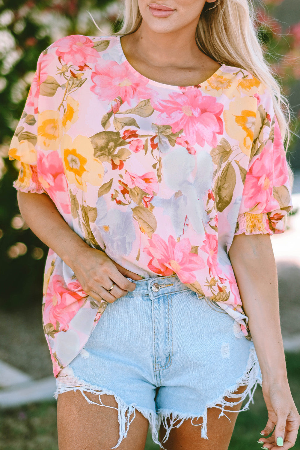 Pink Floral Print Tiered Ruffled Long Sleeve Blouse