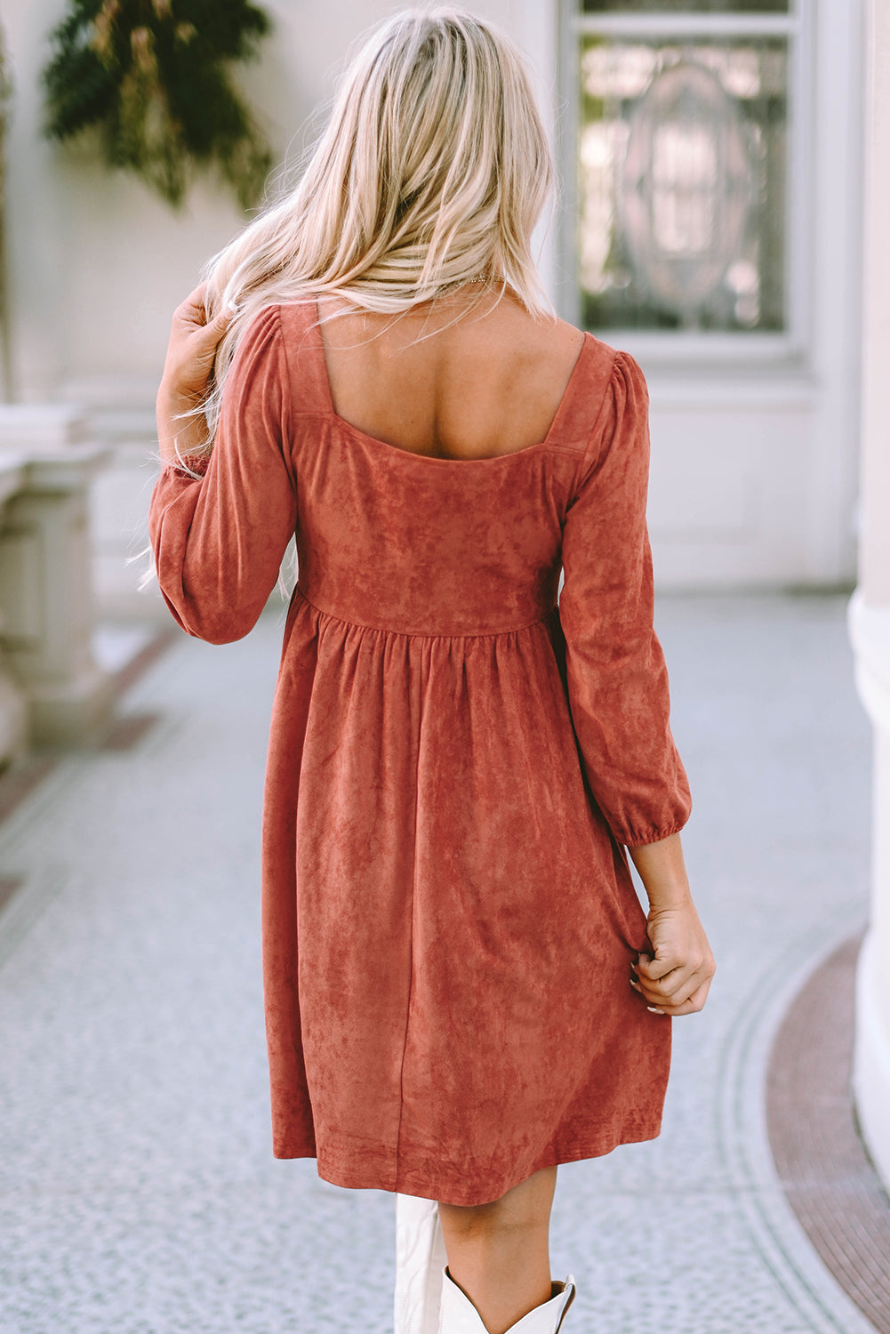 Black Suede Square Neck Puff Sleeve Dress