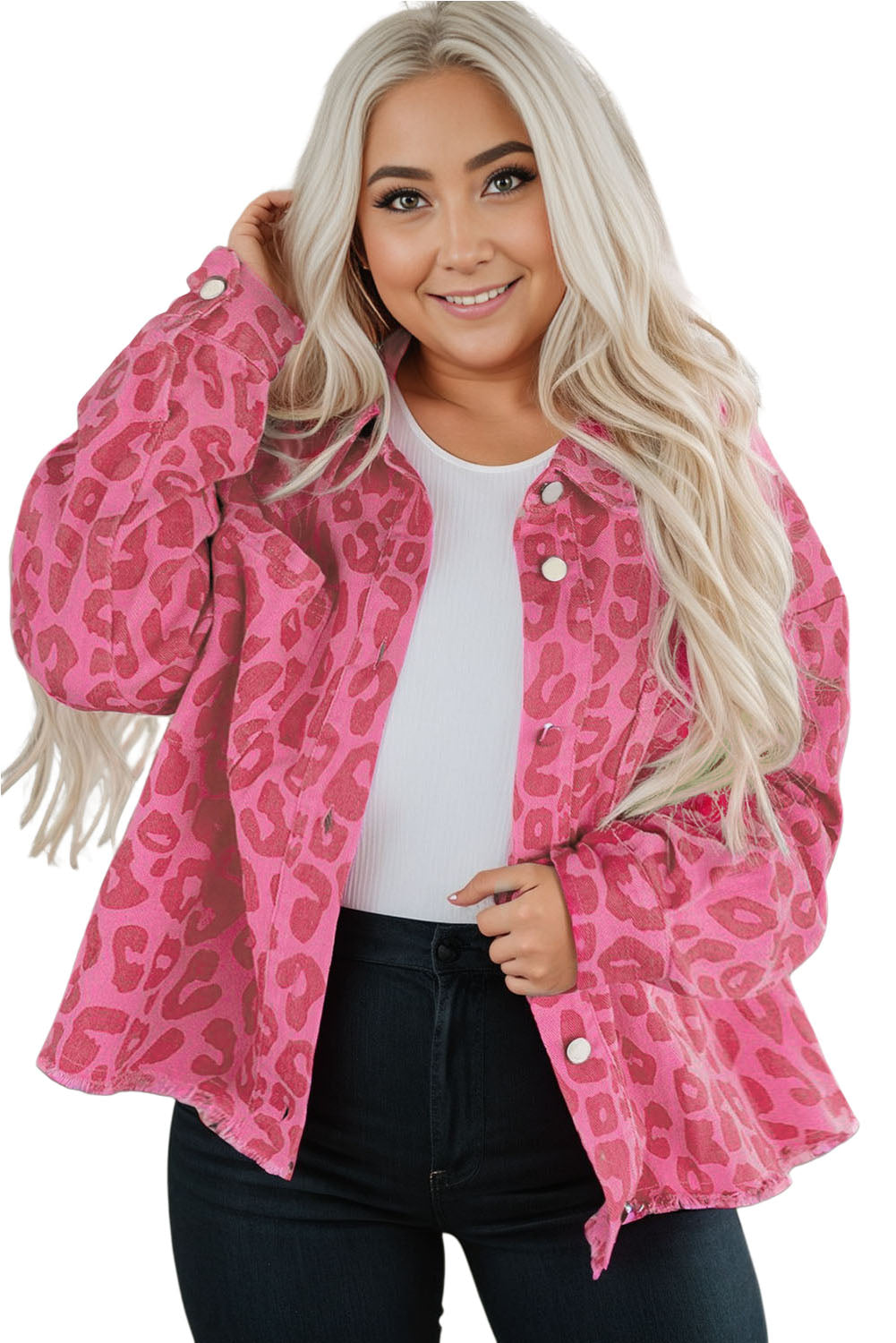 Plus Size Leopard Print Button Cuffs Raw Hem Jacket