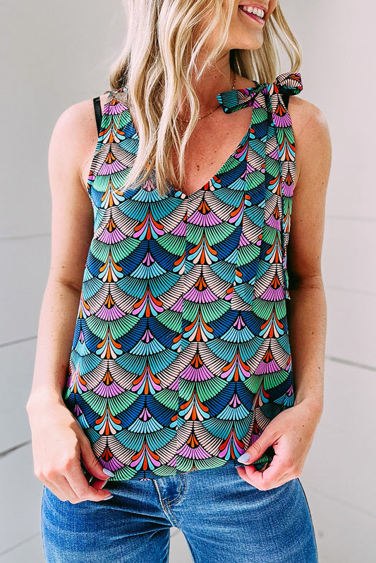 Printed Knotted Shoulder Tank Top