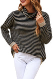 Khaki Striped Turtleneck Loose Sweater