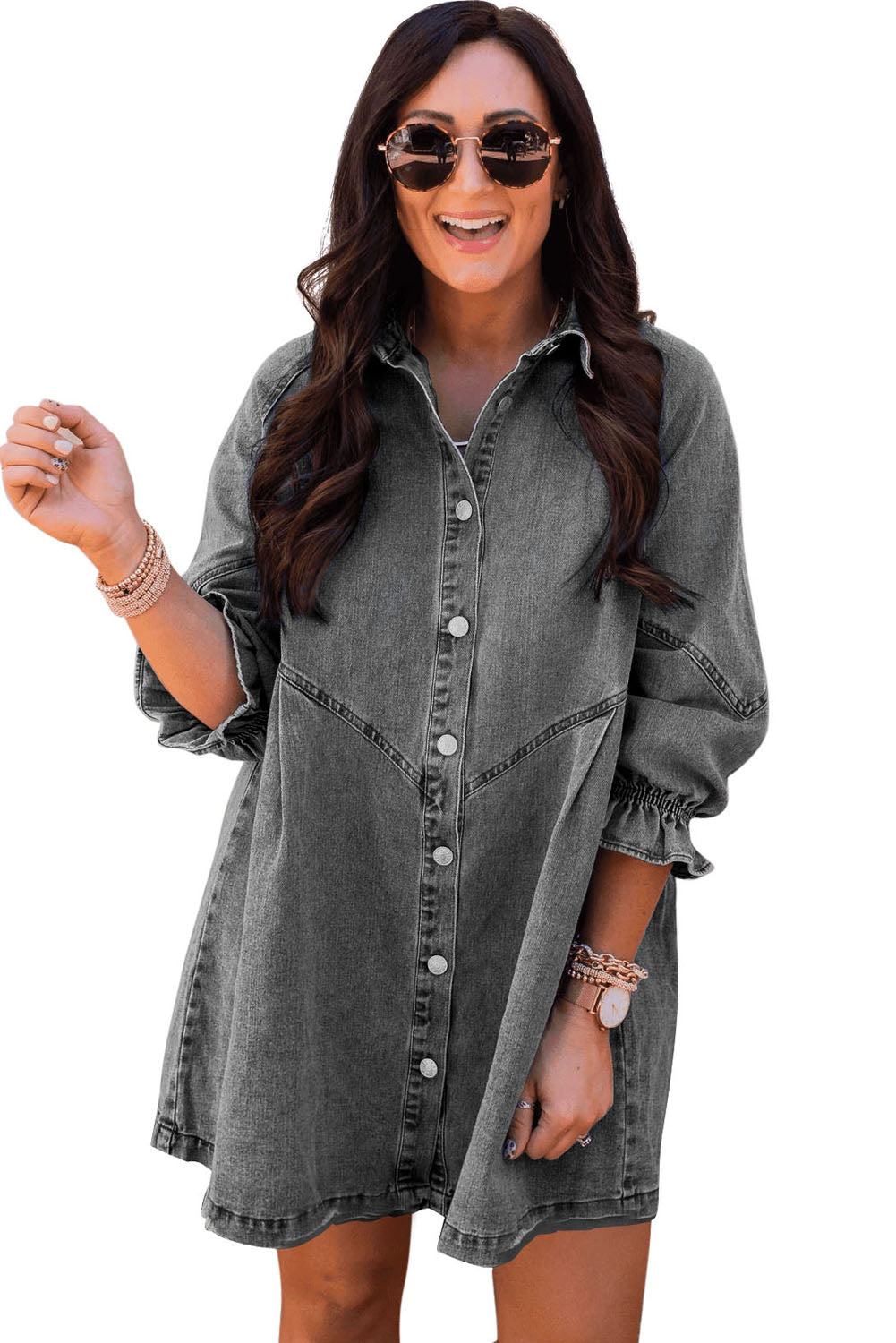 Buttoned Long Sleeve Denim Mini Dress