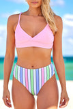 Solid Color Top and Striped Bottom Bikini Set