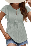 Jacquard Eyelets Lace-up Ruffled Short Sleeve Blouse