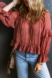 Swiss Dot Lace up V Neck Ruffled Blouse