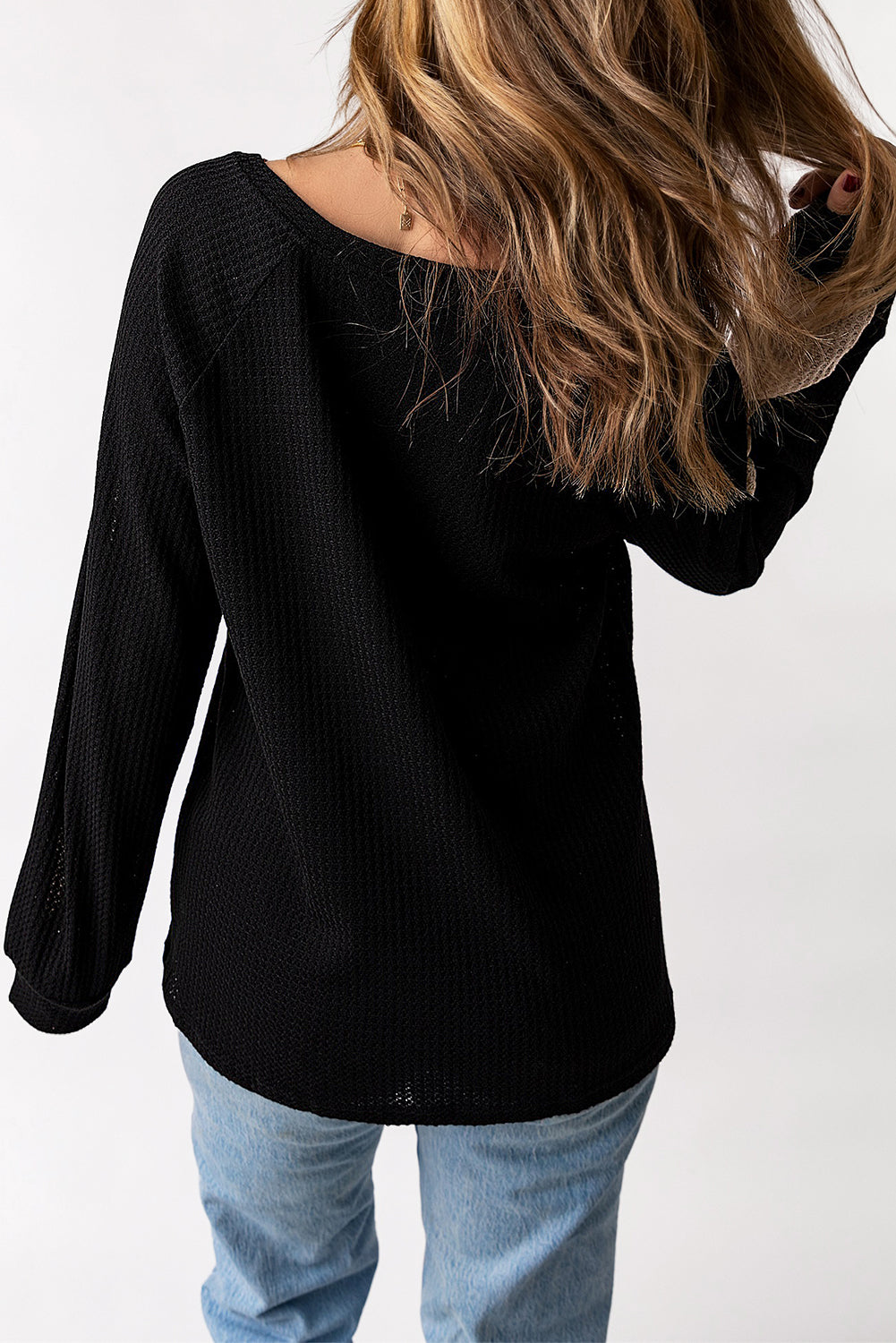 V Neck Contrast Block Waffle Knit Top