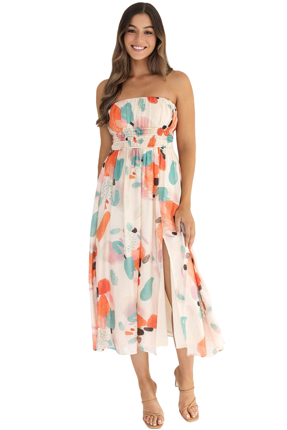 Strapless Shirred Abstract Print Split Long Dress