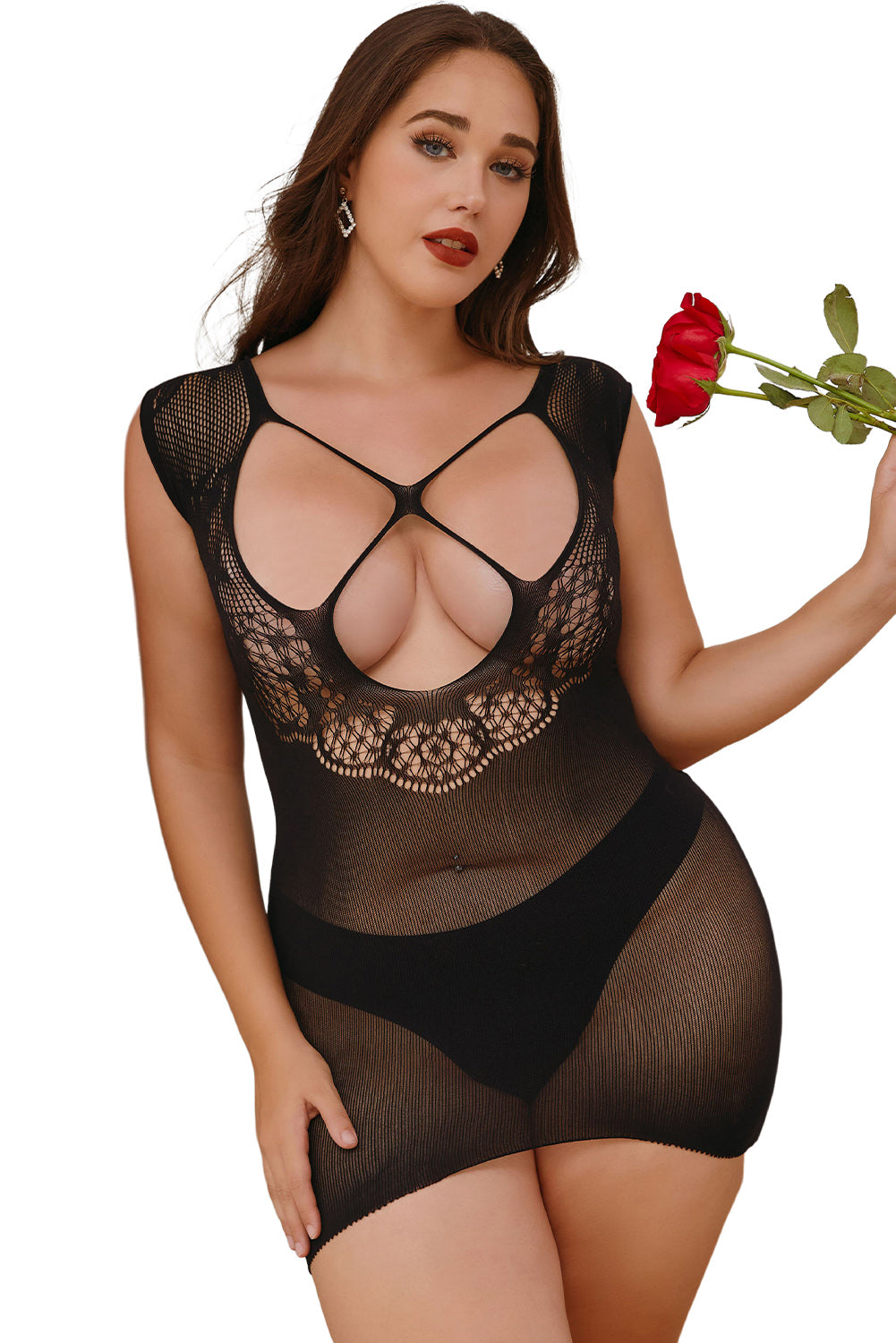 Chemise noire découpée en maille et dentelle de grande taille 