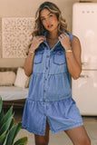 Robe en jean sans manches boutonnée avec poches à rabat bleu ciel