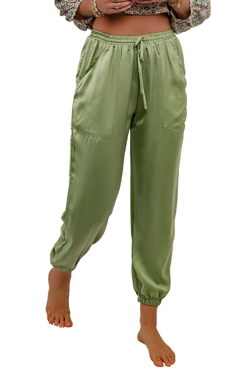 Pantalon de jogging décontracté vert avec poches et cordon de serrage