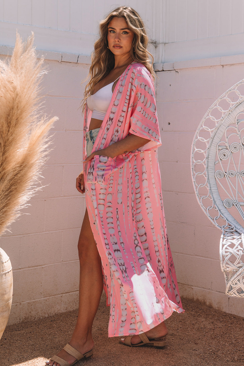 Kimono long surdimensionné rose bohème tie-dye