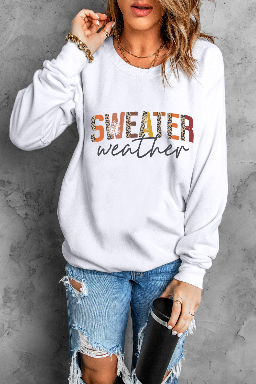 Orange Plain Crew Neck Pullover Sweatshirt