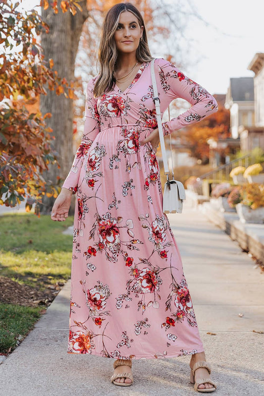 Wrapped V Neck Floral Long Sleeve Empire Maxi Dress