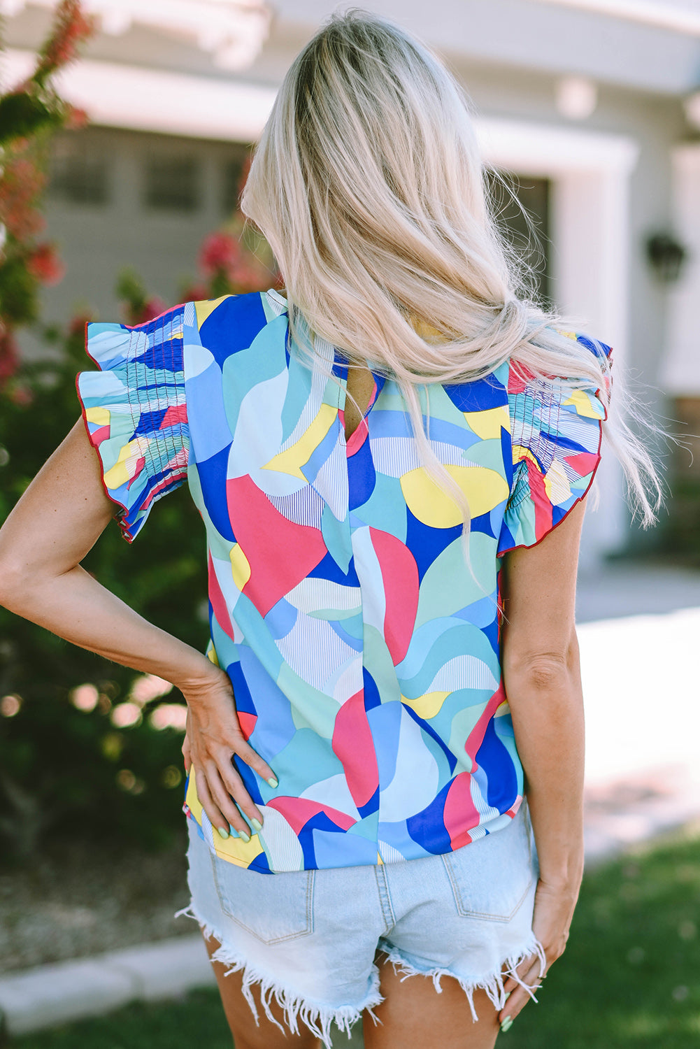 Abstract Print Stitching Ruffle Sleeve Blouse