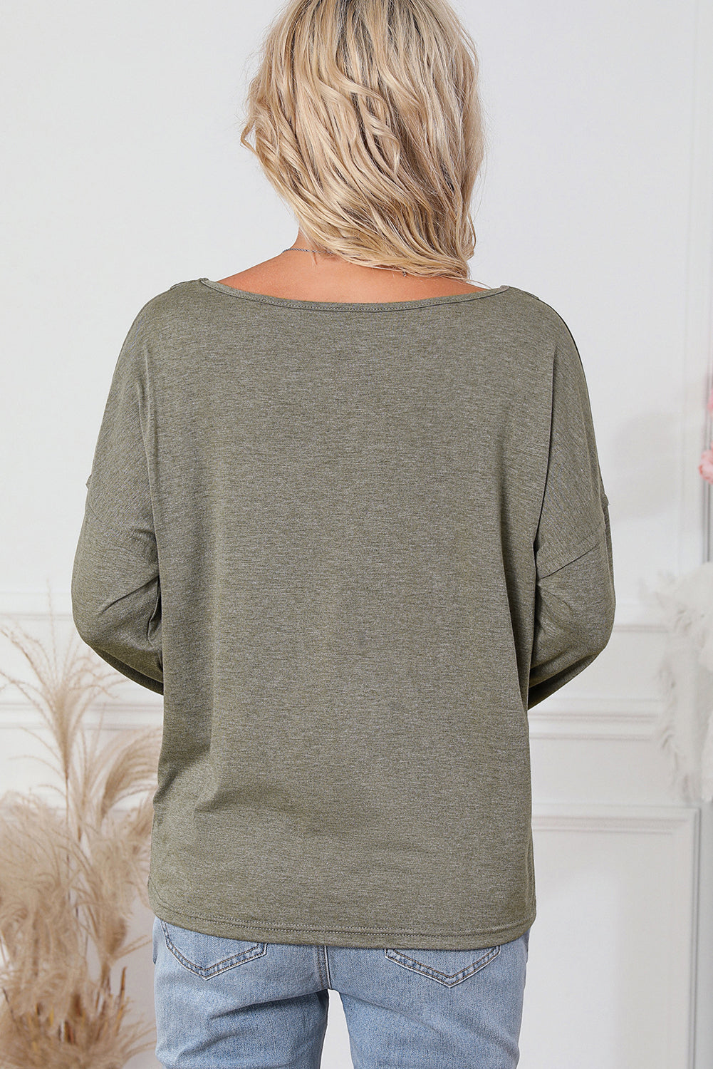 Long Sleeve V-Neck Stitching Henley Top