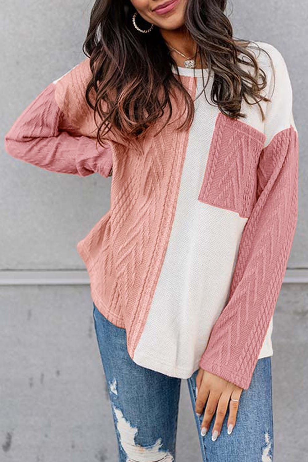 Orange Long Sleeve Colorblock Chest Pocket Textured Knit Top