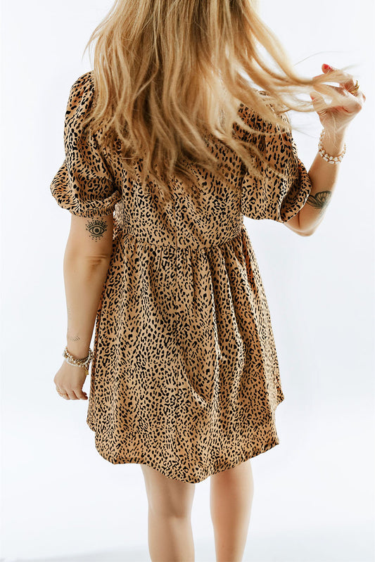 Animal Print Bubble Sleeve Babydoll Dress