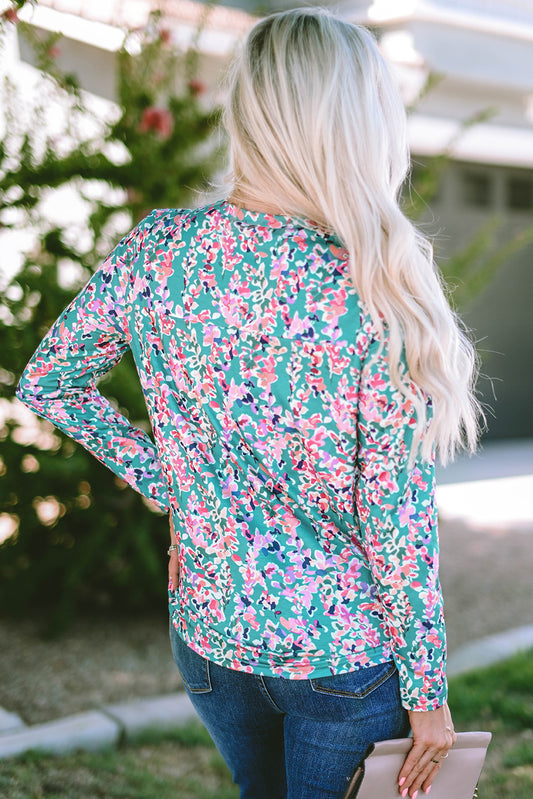 Green Floral Pleated Round Neck Long Sleeve Blouse