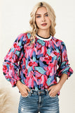 Red Floral Print Shirred Puff Sleeve Blouse